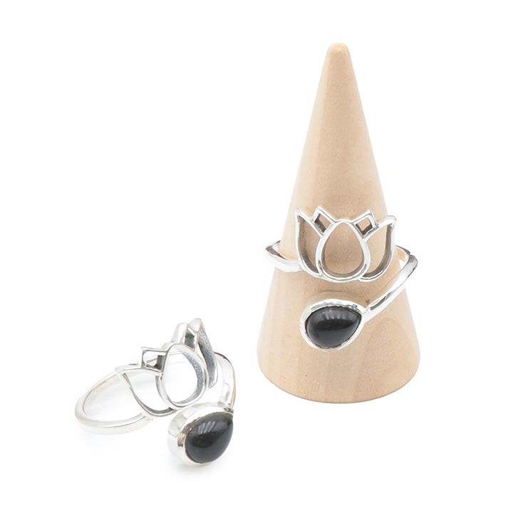 BAGUE LOTUS OBSIDIENNE NOIRE AA - AJUSTABLE - ARGENT 925 (ÉDITION LIMITÉE)